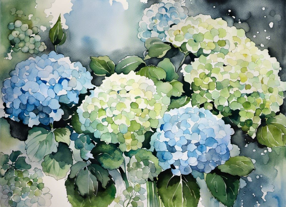 Watercolor Garden with Blue Hydrangea in Detailed Style