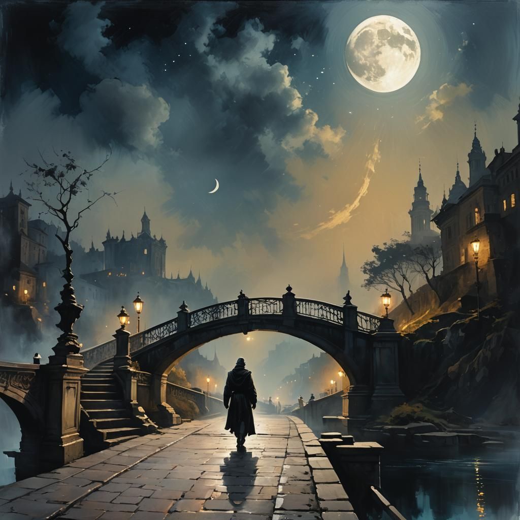 Mystical Bridge at Night: A Cinematic Baroque Fantasy