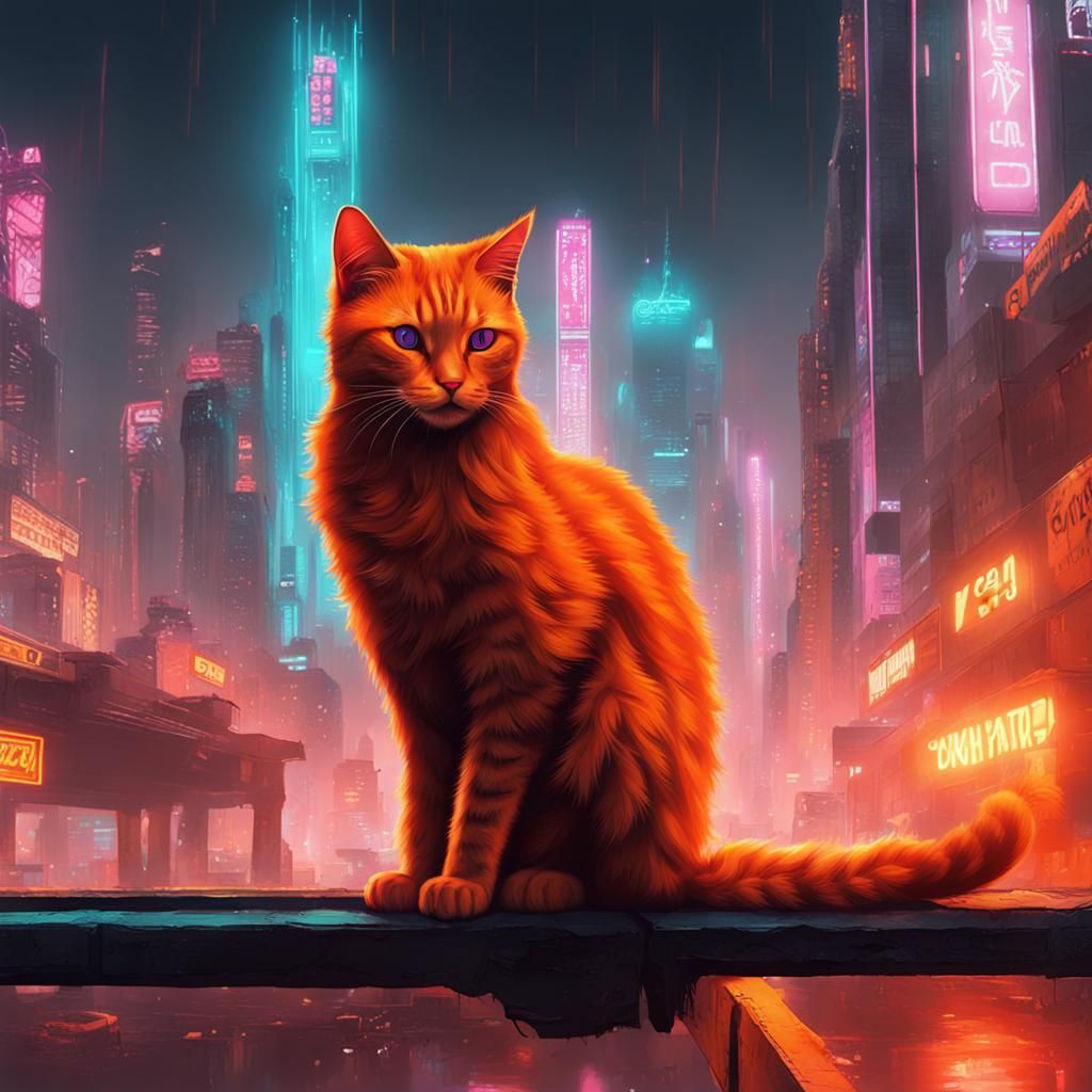 Orange Cat in Neon Cyberpunk Cityscape