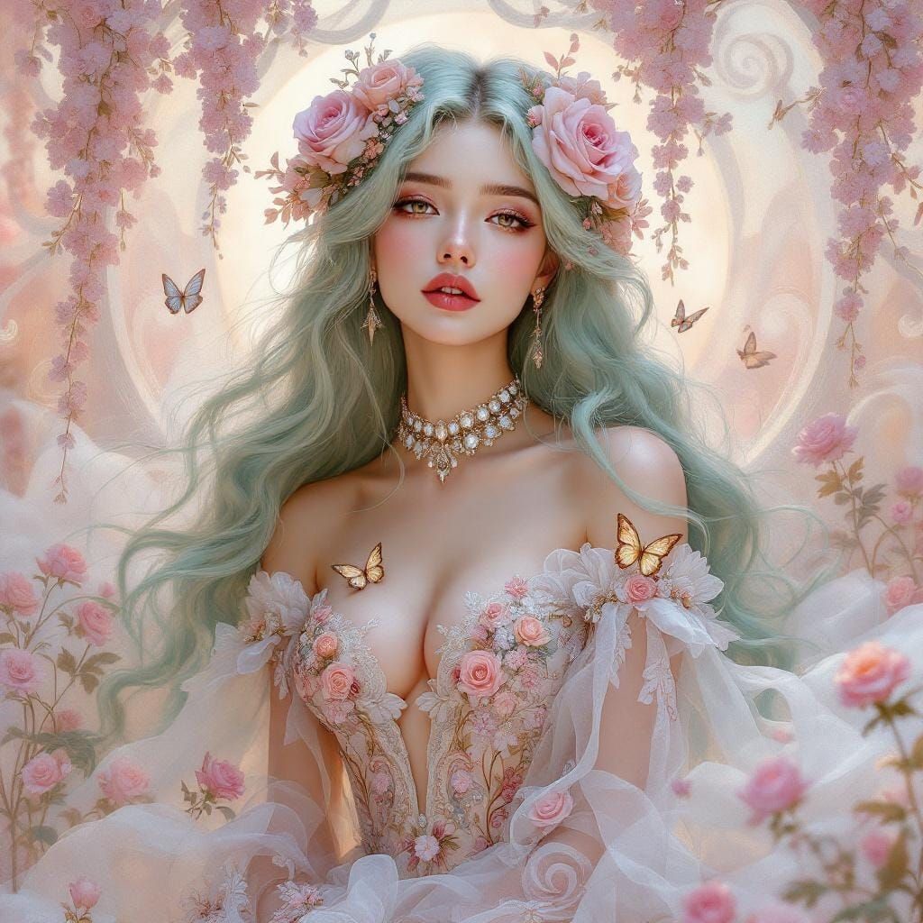 Fantasy Woman in Botanical Art Nouveau Garden