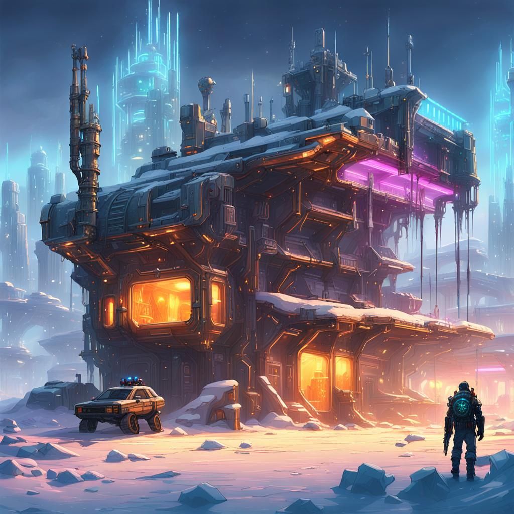 Surrealist Steam Punk Outpost in Frosty Cyberpunk Landscape