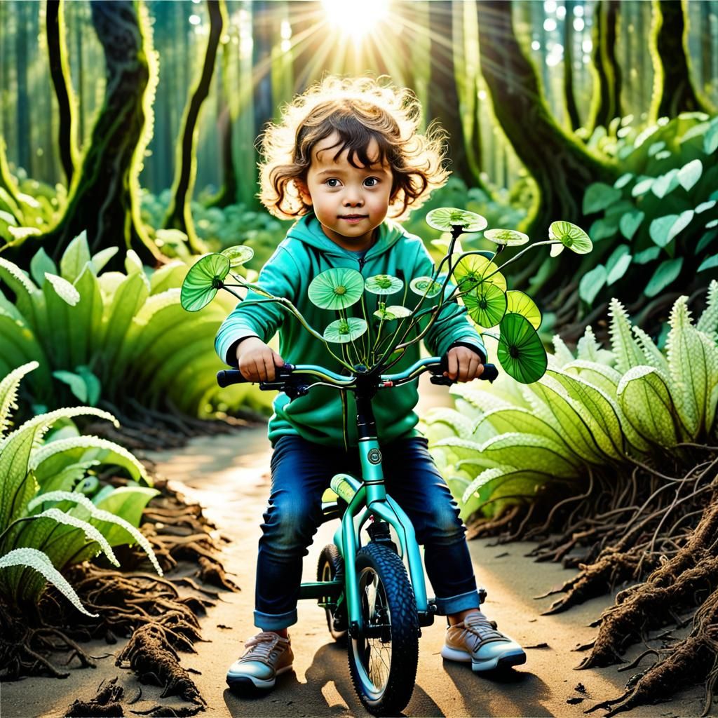 Child Holds Earth Beside E-Bike in Forest Paradise