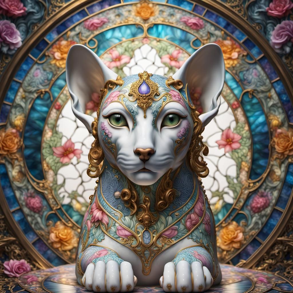 Porcelain Sphinx with Floral Designs in Ethereal Garden