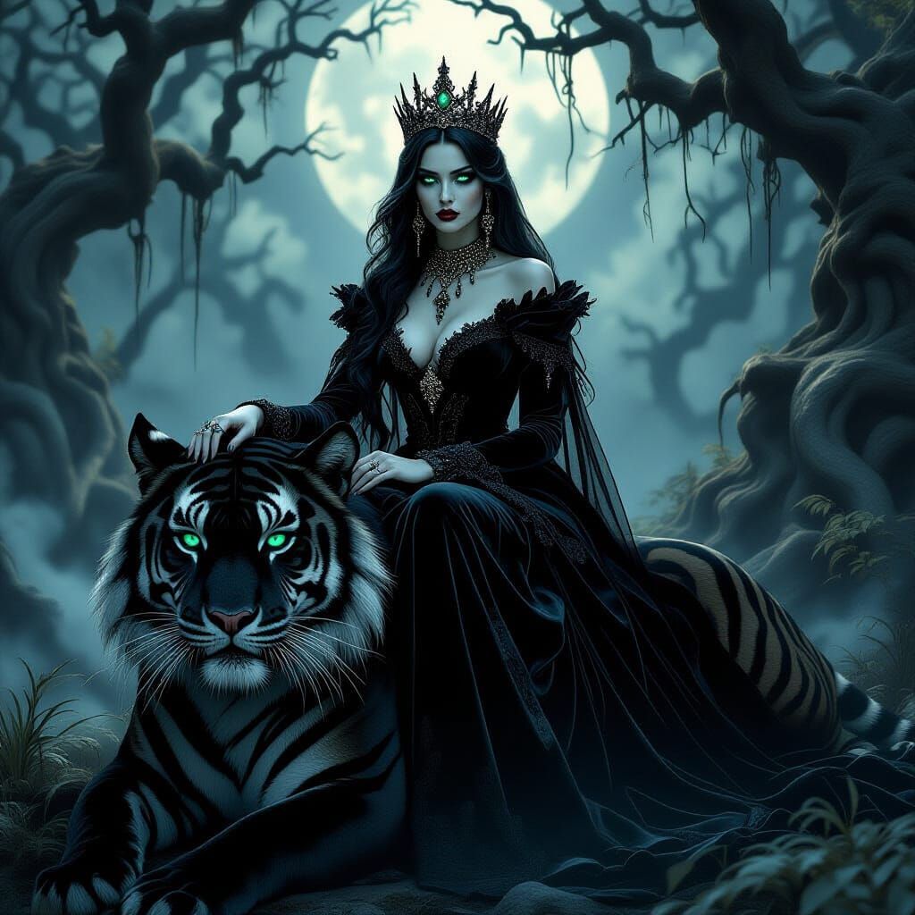 Gothic Queen on Black Tiger in Moonlit Forest