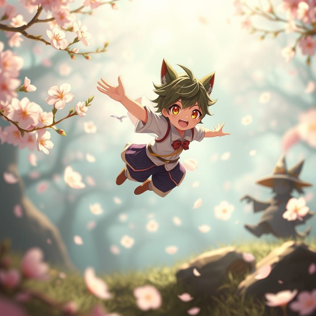 Pip in Flight: Anime Style Blossom Scene