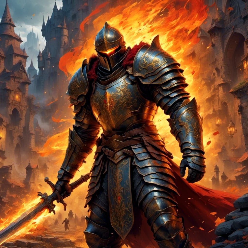 Fire Knight in Brass Armor, Fantasy Concept Art
