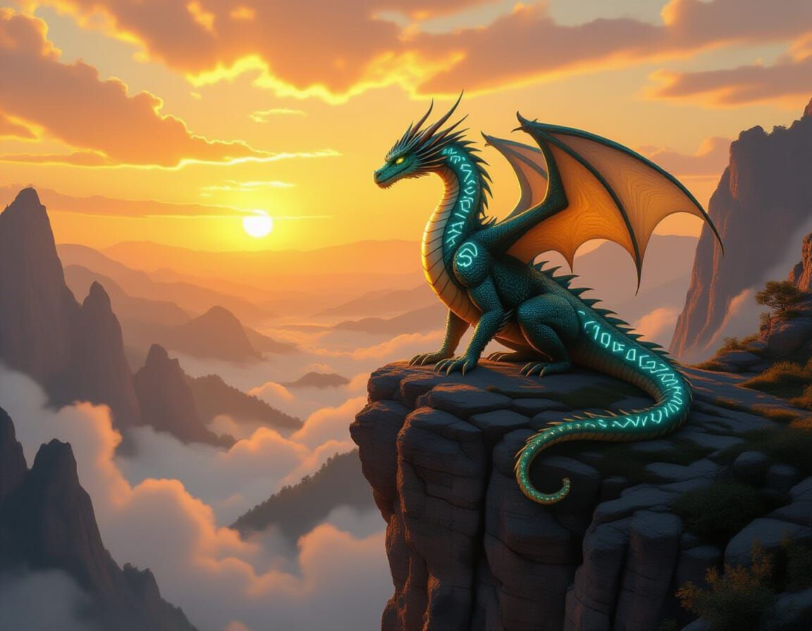 Dragon on Cliff with Runes, Cinematic Digital Art