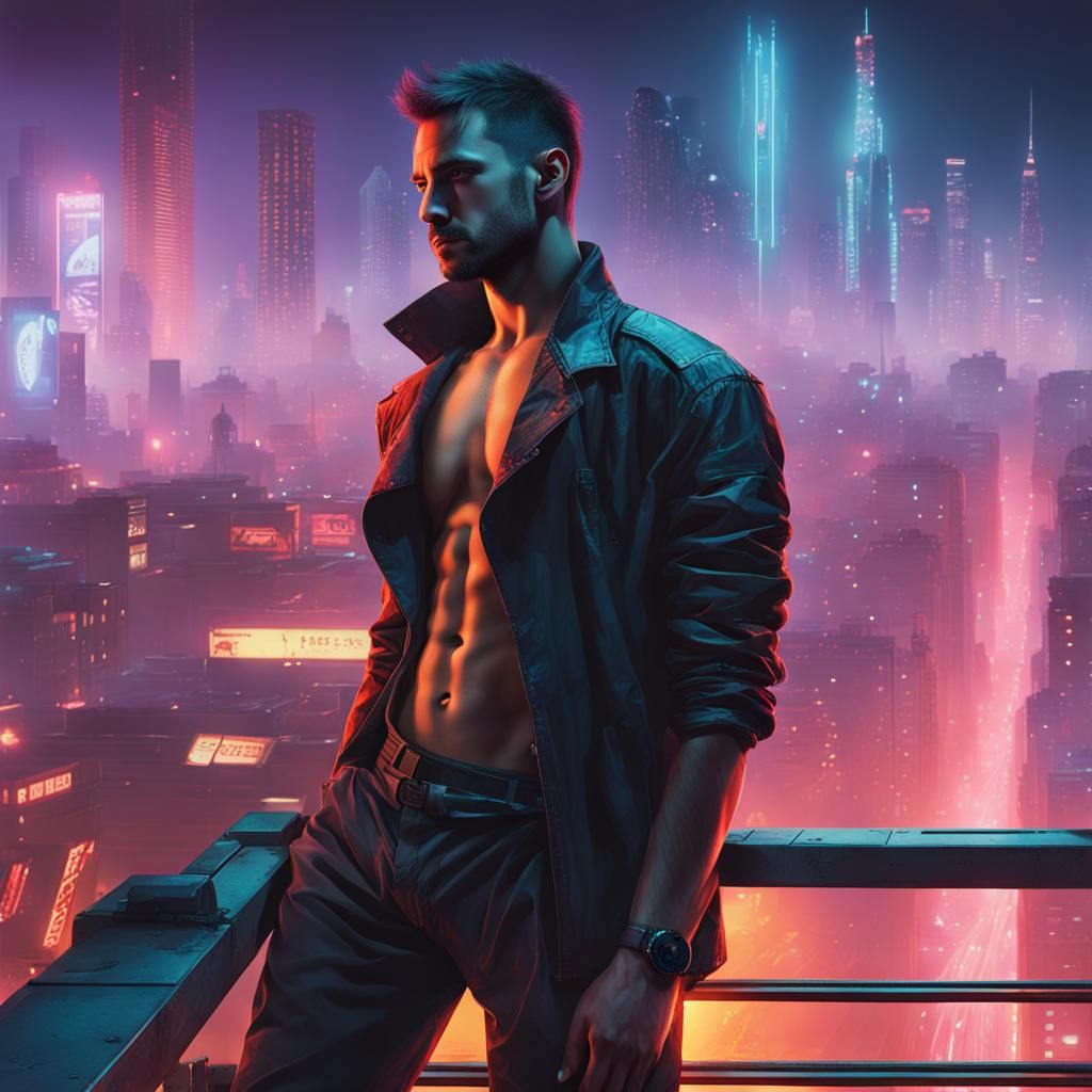 Cyberpunk Young Man Overlooking Neon Cityscape