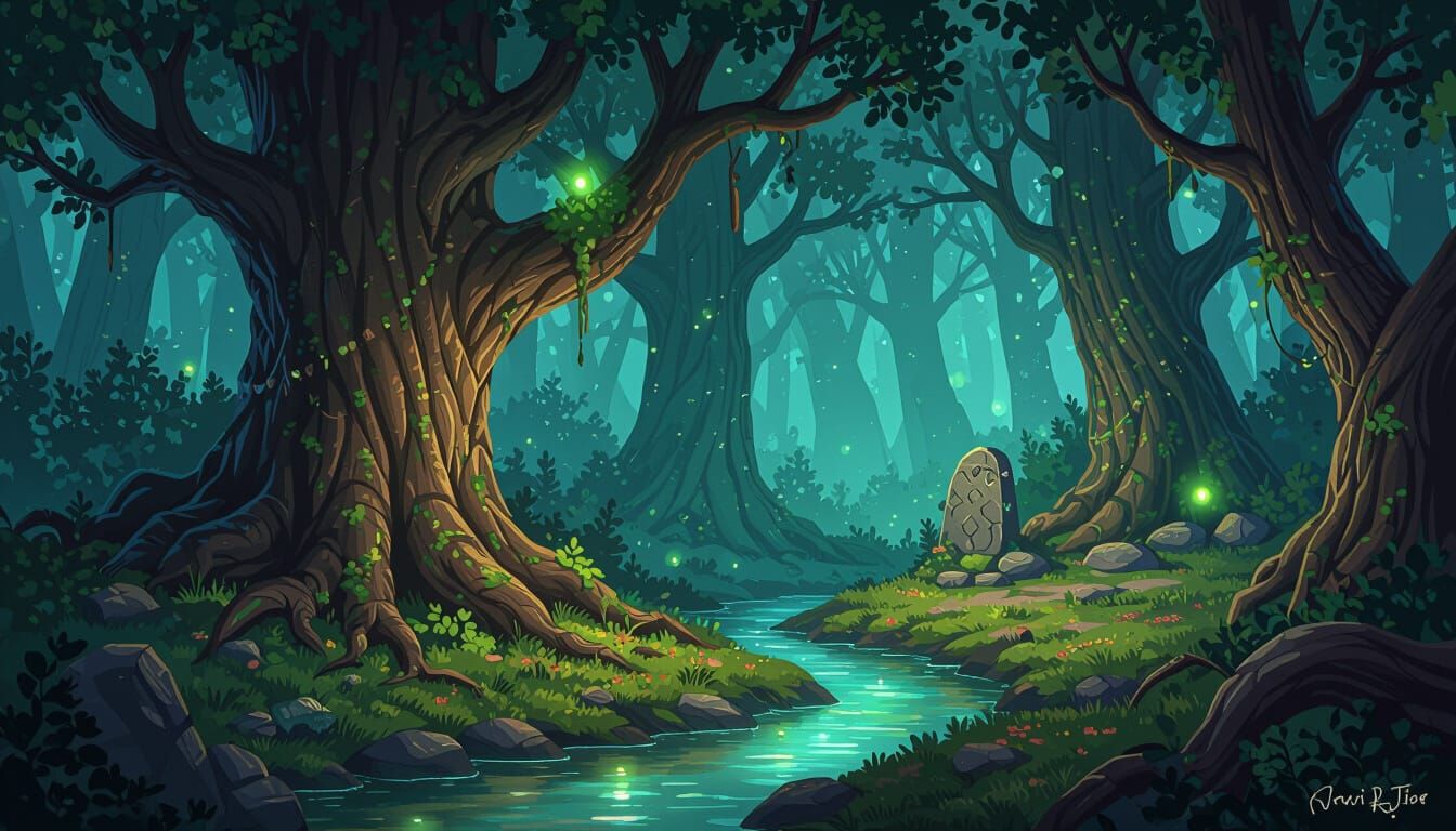 Mystical Celtic Forest with Runes and Fireflies