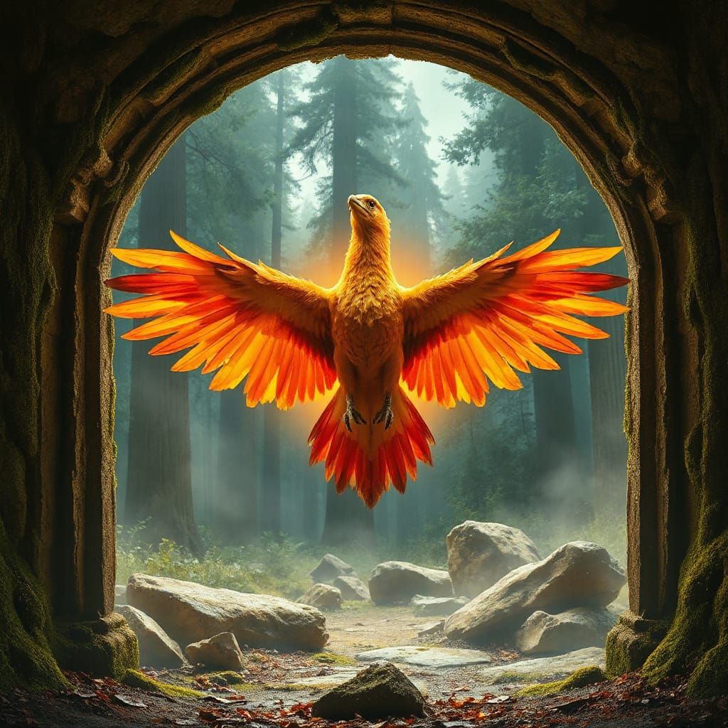 Phoenix Erupts from Archway in Fiery Rebirth