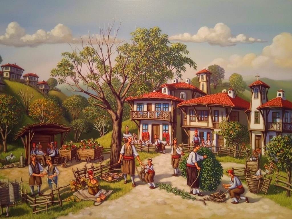 Rural Farming Landscape in Naive Art Style