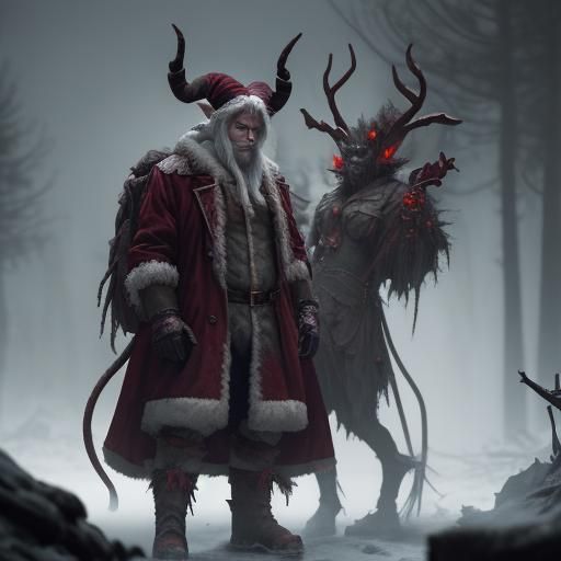 Krampus and Evil Elves in Dark Winter Scene
