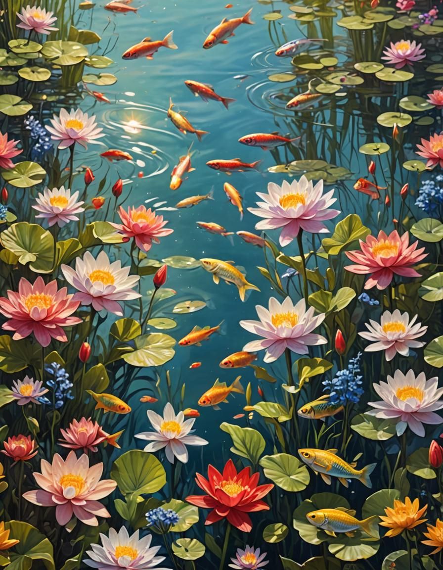 Tachisme Lake Scene with Flowers and Fish