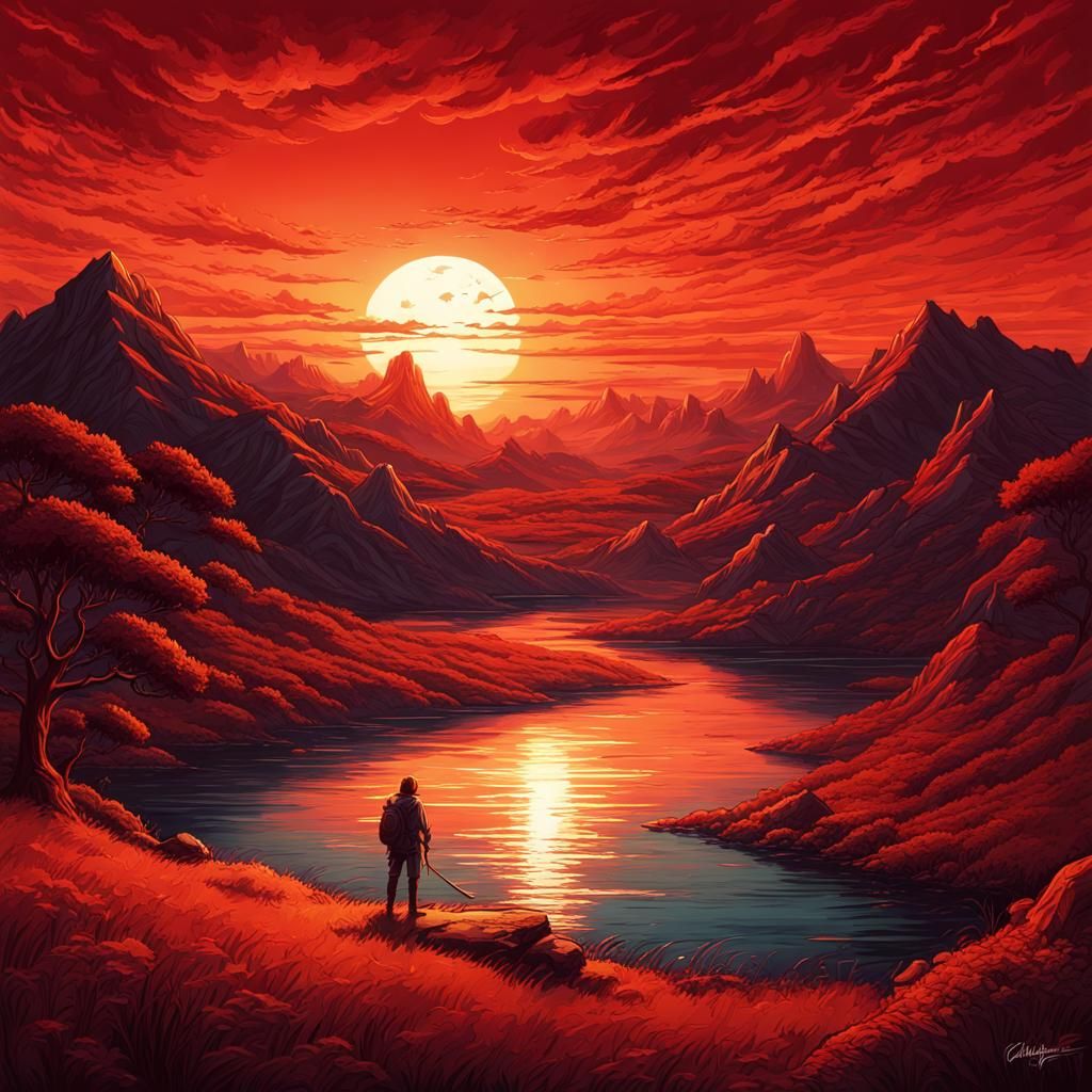 A painting of a sunset over a body of water, a digital paint...