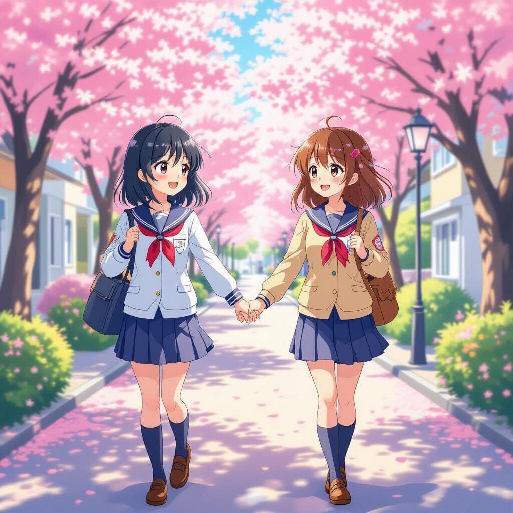 Anime Girls Holding Hands in Pastel Style