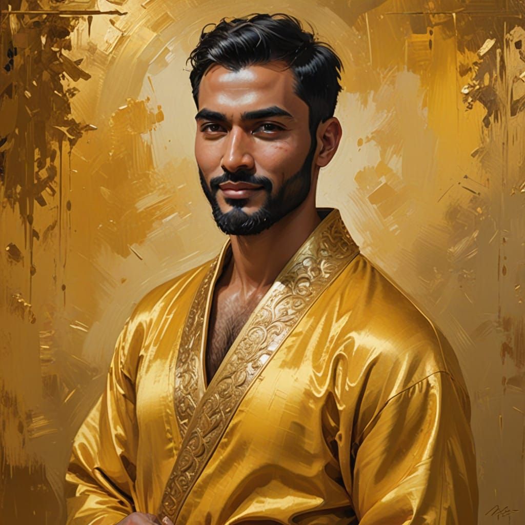 Golden Serenity: A Handsome Bearded Man in Velvet Robes
