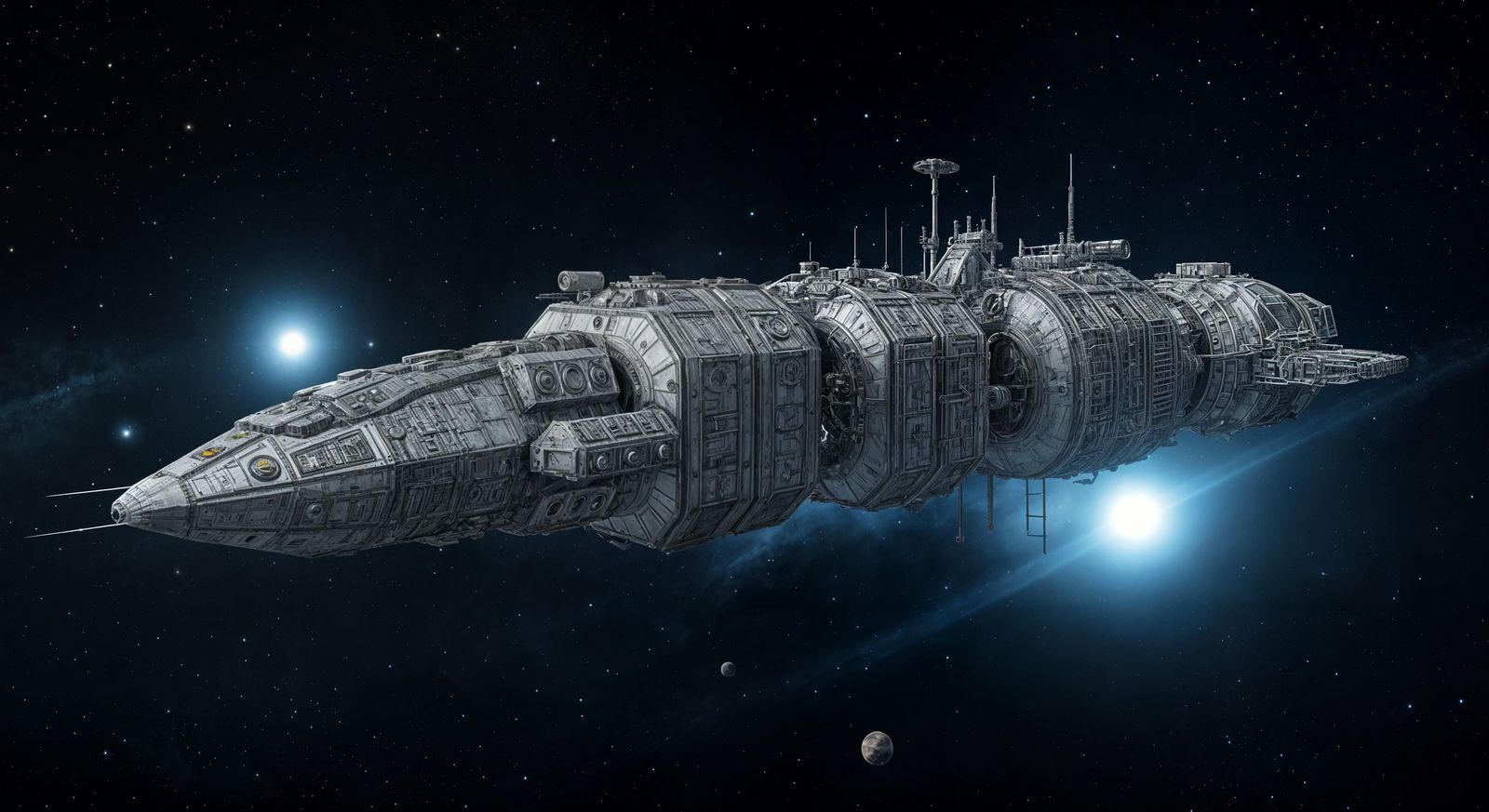 industrial spacecraft, intricately detailed (include annotations and specifications), stars and planets in background