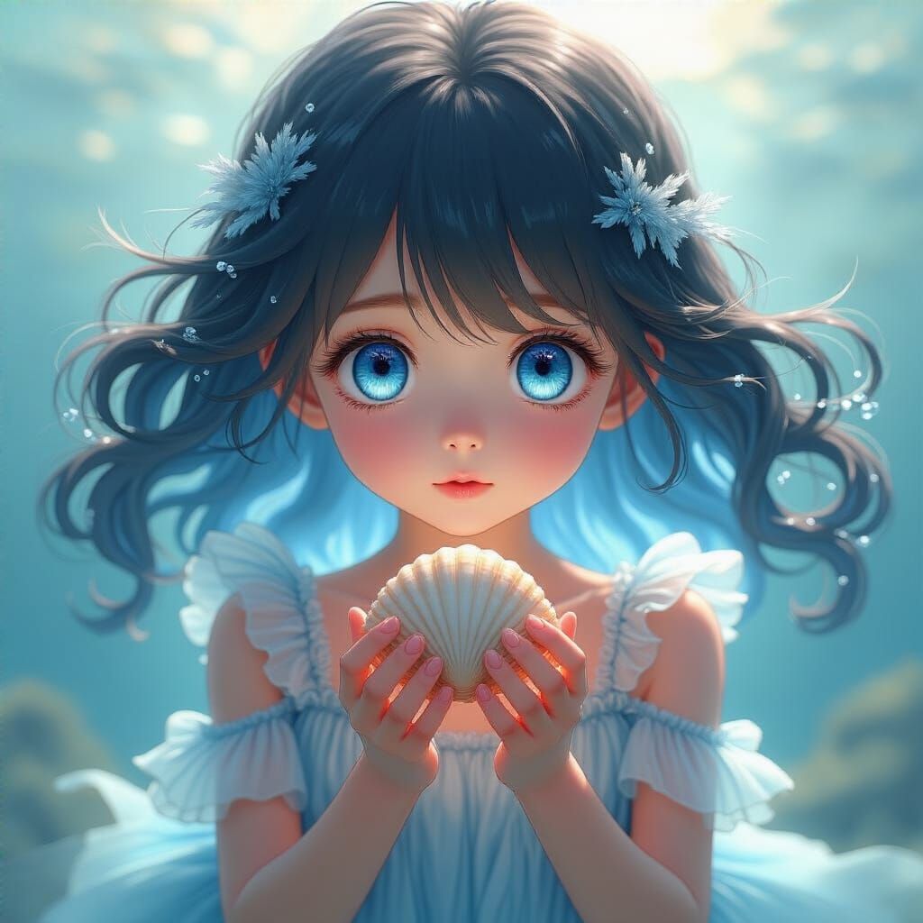 Anime Girl with Water Dress Holding Seashell