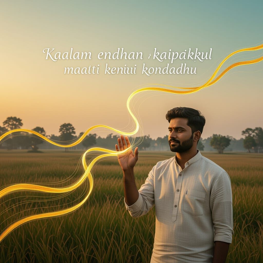 South Asian Man in Surreal Time Landscape with Golden Thread...