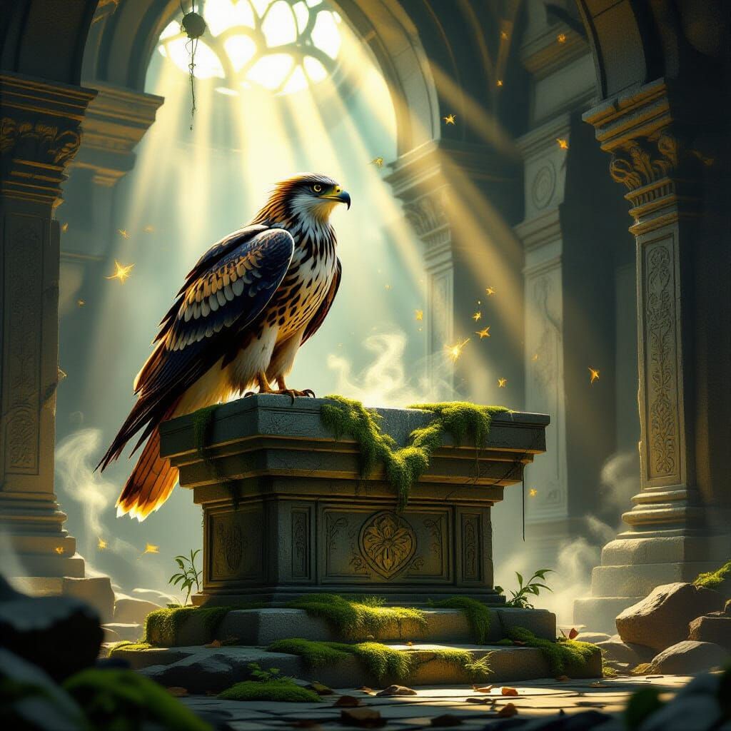 Golden Hawk on Ancient Altar in Mystical Temple