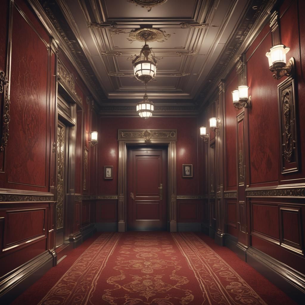 Narrow Red Hallway with Modern Elevator in Matte Painting
