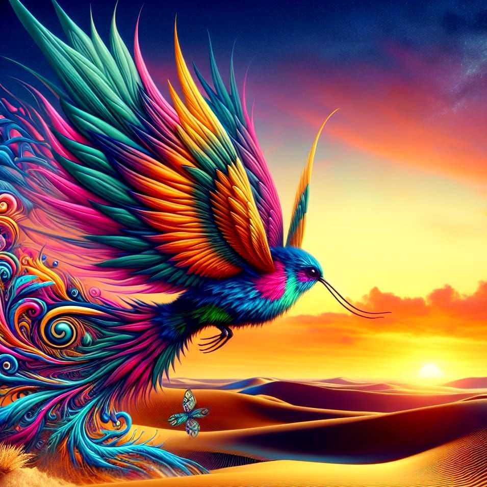 Surrealistic Fantasy Creature Dances in Vibrant Sunset Deser...