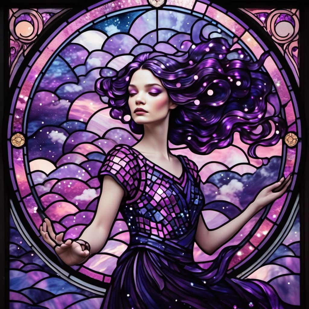 A Dreamy Stained Glass Scene of a Woman Under Sparkling Nigh...