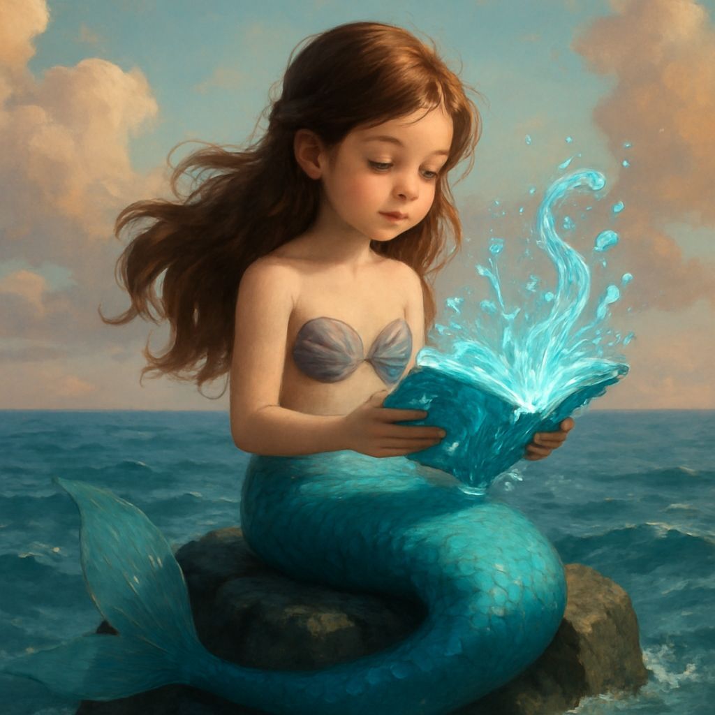 Young Mermaid Reads Magical Water Book on Ocean Rock