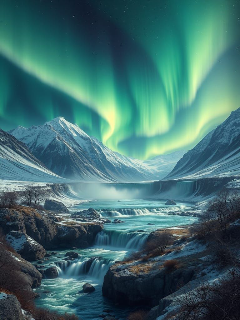 Aurora Borealis Over Majestic River with Snow Peaks