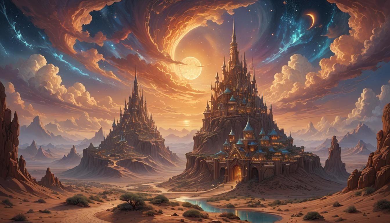 Elven Kingdom in Desert Sunset: Artstation Oil Painting