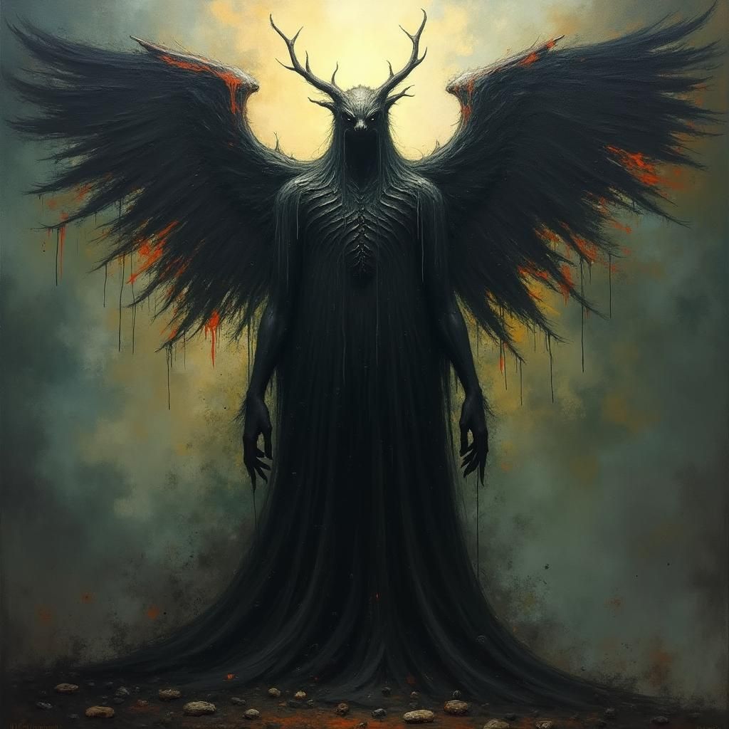 Enigmatic Angelic Figure in Dark Abstract Style