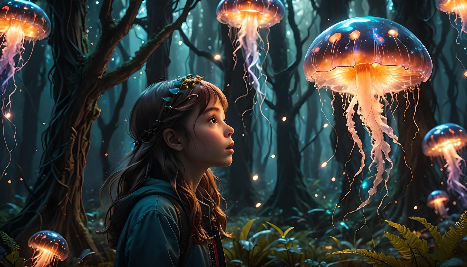 Enchanted Girl Whispers to Cosmic Jellyfish in Fantasy Fores...