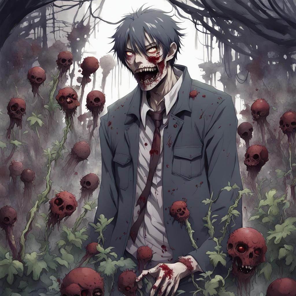 Rotting Zombie in Anime Style with Dead Plants