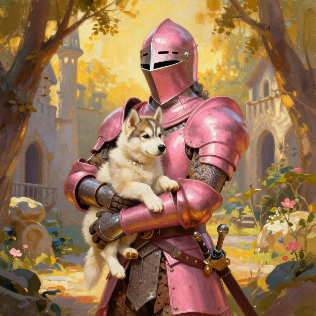 Knight in Pink Armor Holds Husky Puppy in Courtyard
