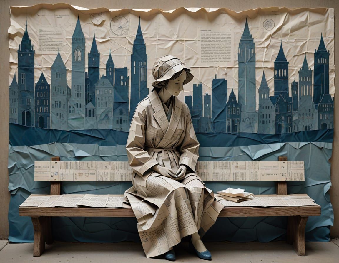 Melancholic Paper Lady Waits for Bus in Blueprint City