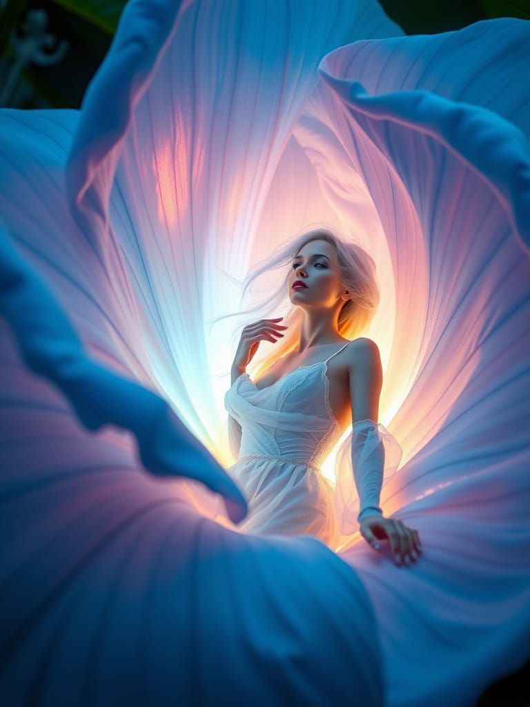 Ethereal Woman Emerges From Giant Iridescent Butterfly Pea F...