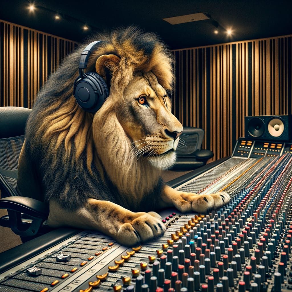 Lion in Recording Studio, Listening to Music