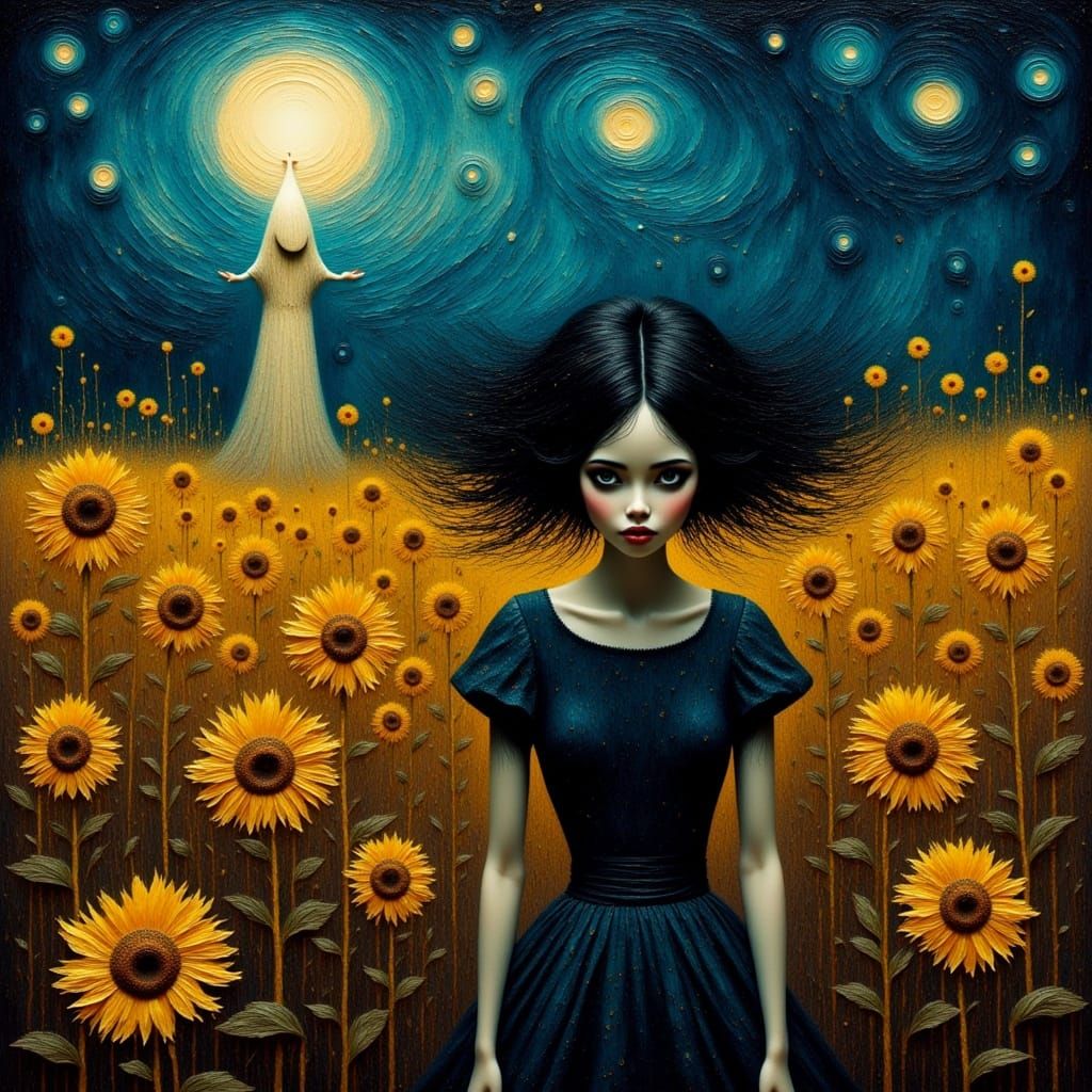 Woman Flees Ghostly Apparition in Dark Sunflower Field