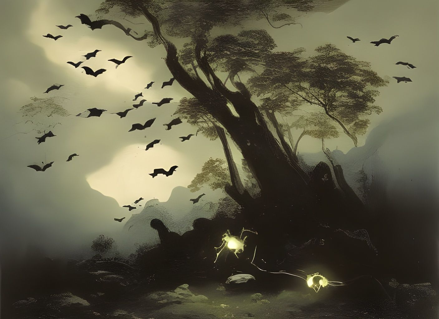 Shadow Beast Devouring Fireflies: Dark Fantasy Concept Art