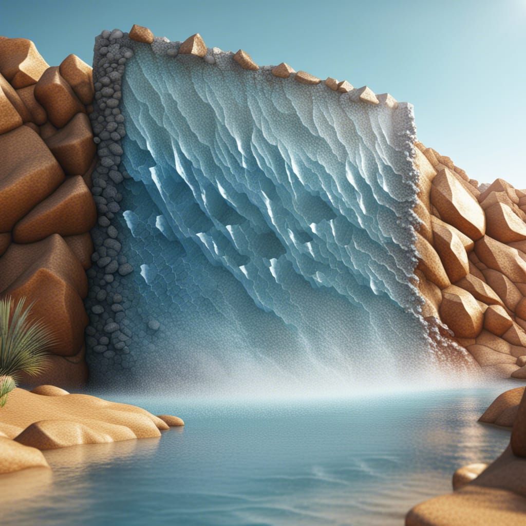 Photorealistic 3D Polygonal Waterfall in Desert, 8k