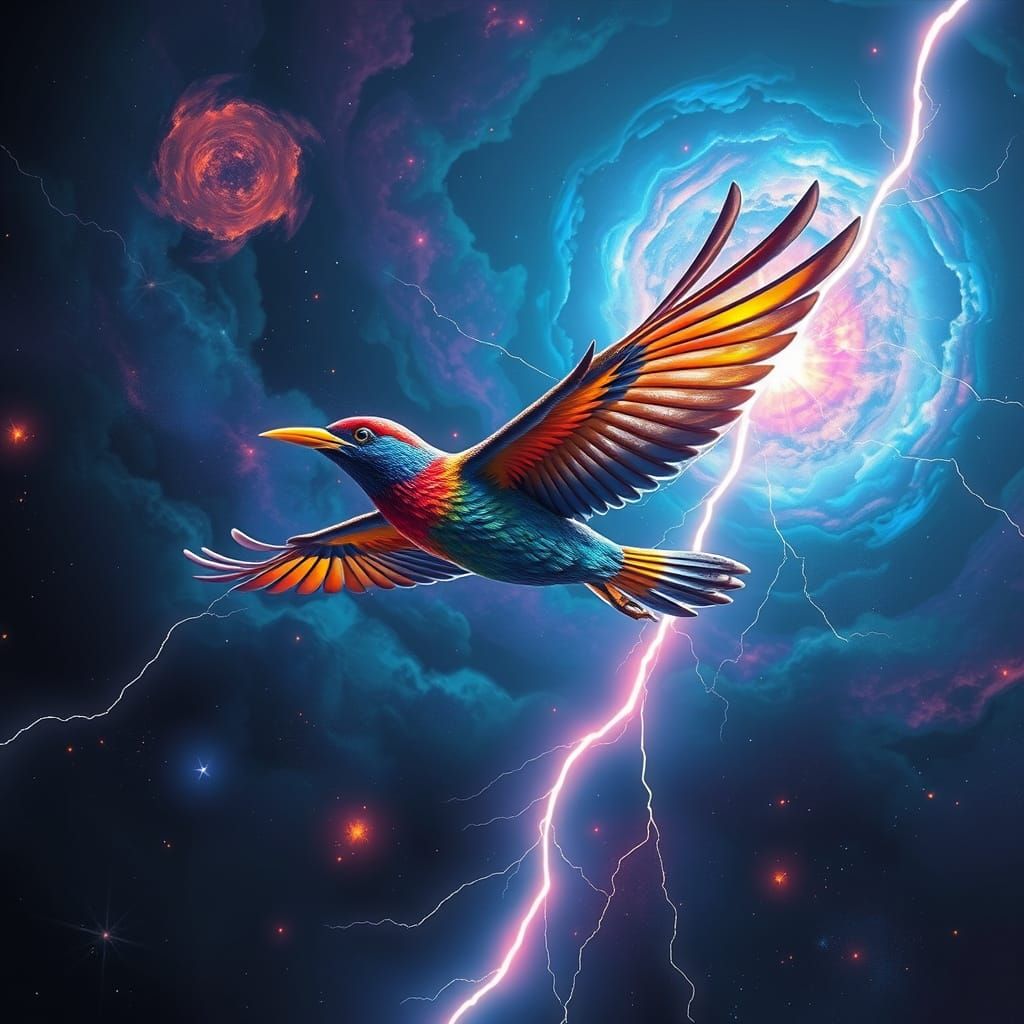 Cosmic Bird Soars Amidst Swirling Nebulae and Lightning