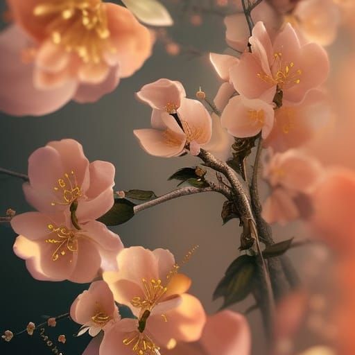 Detailed Peach Blossoms Filigree in Digital Painting