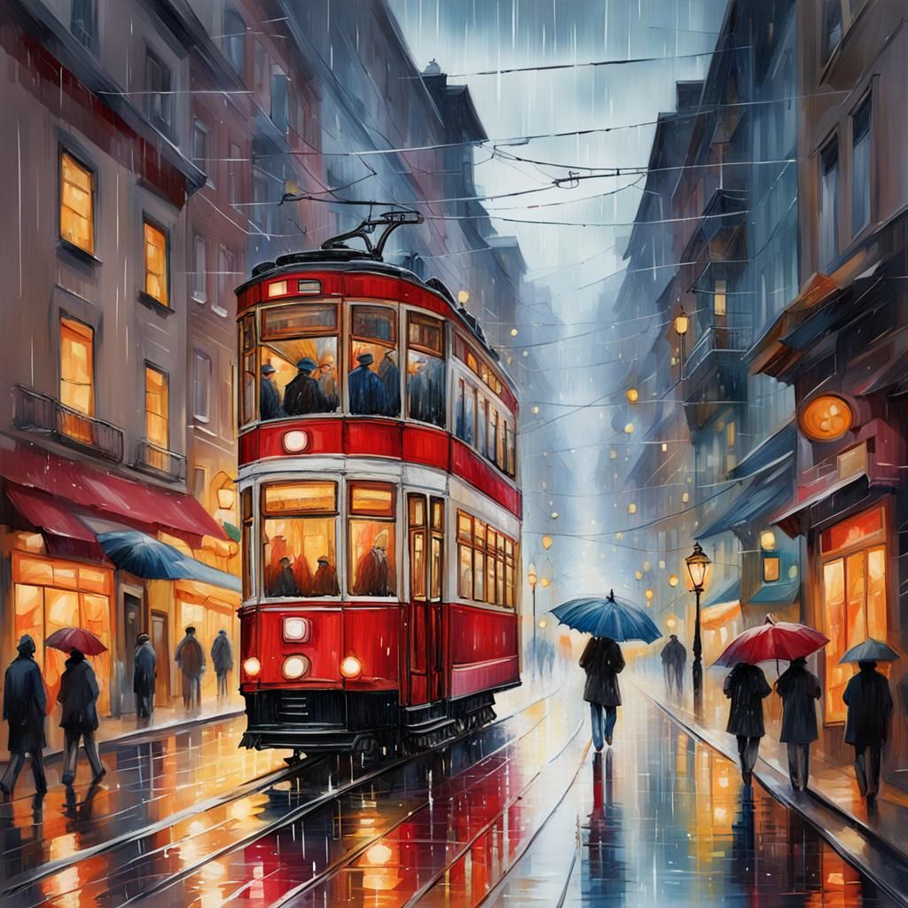A red tram on a rainy street