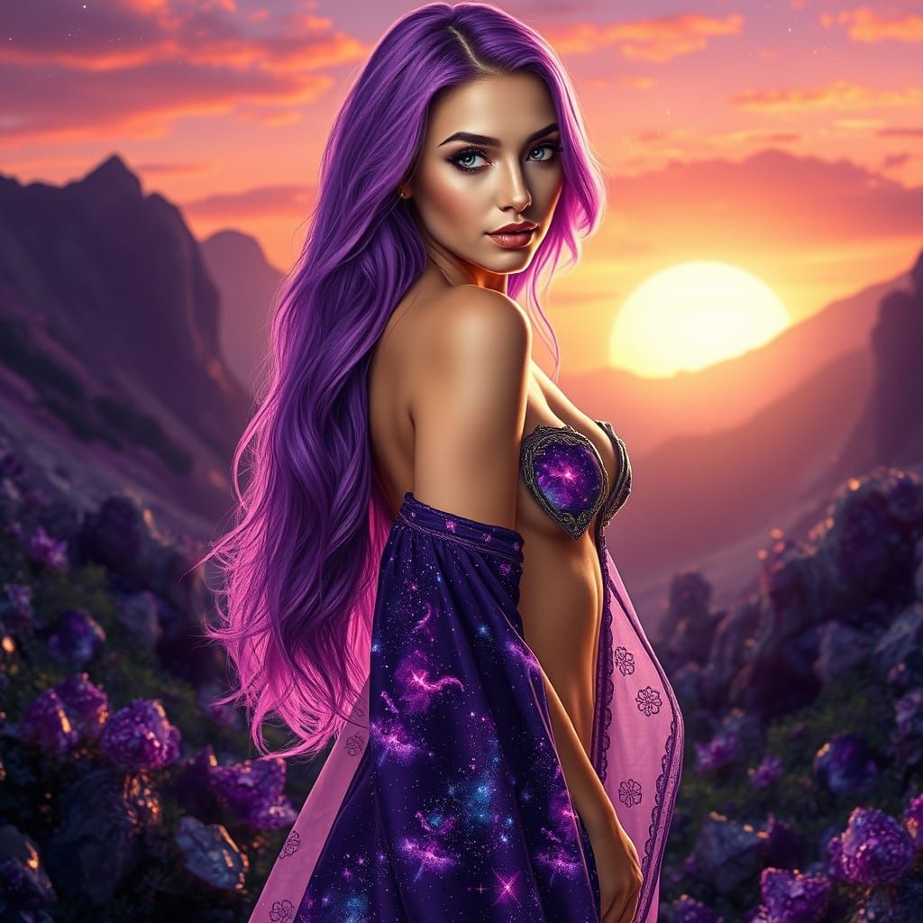 Mystical Maiden in a Purple Sunrise Vale
