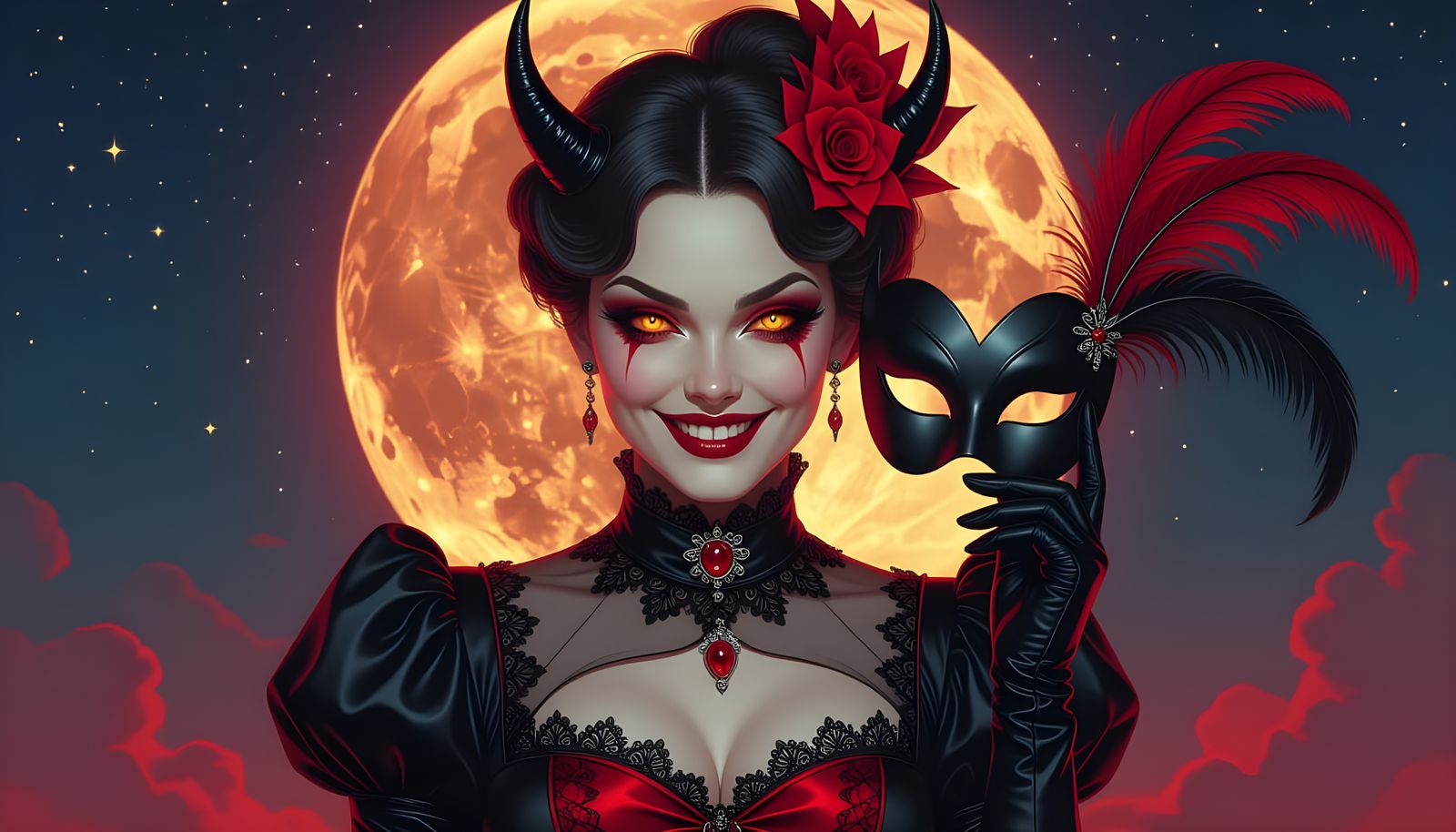 Diabolic Woman with Mask in Starry Night