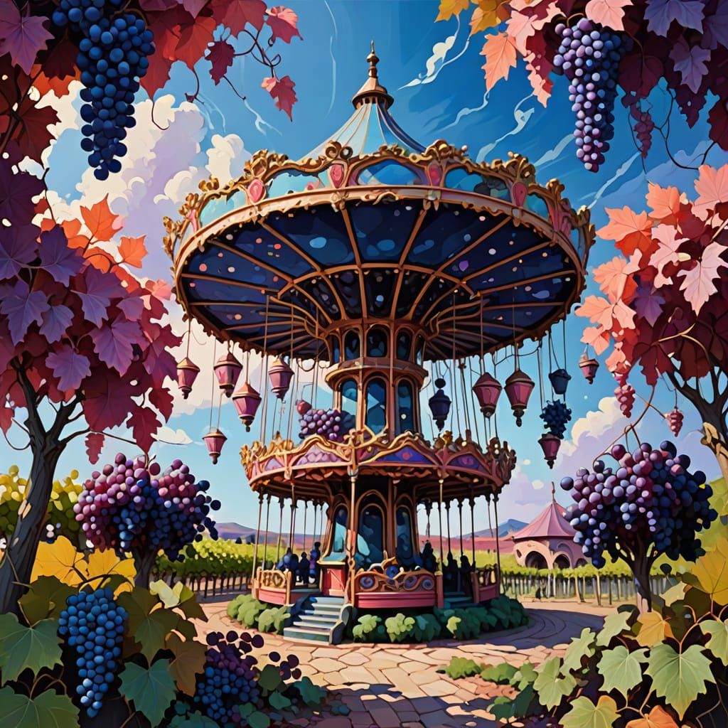 Surrealist Vineyard with Floating Carousels and Grapes