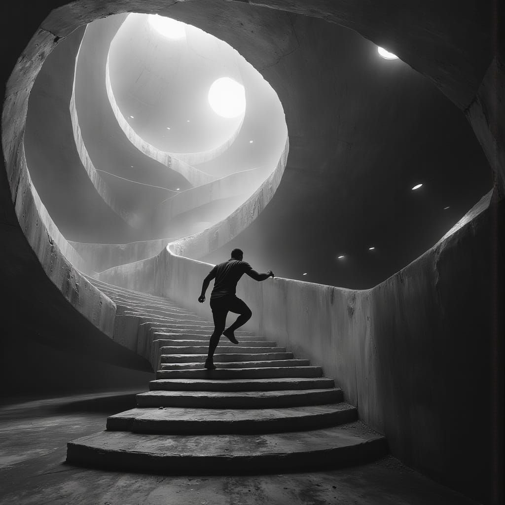 Athlete Ascends Futuristic Spiral Staircase in Dramatic B&W