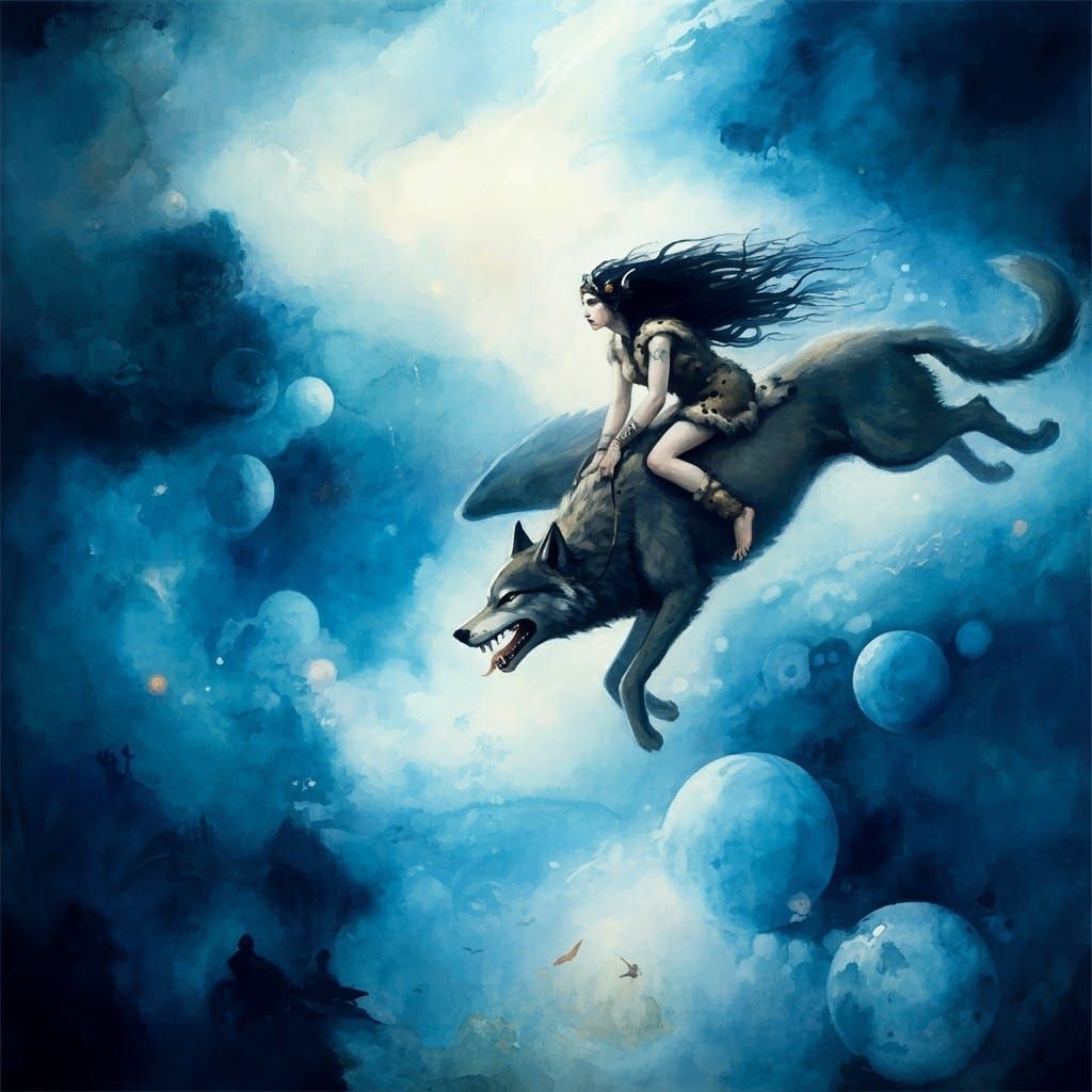 Valkyrie Shaman Rides Wolf in Baroque Watercolor