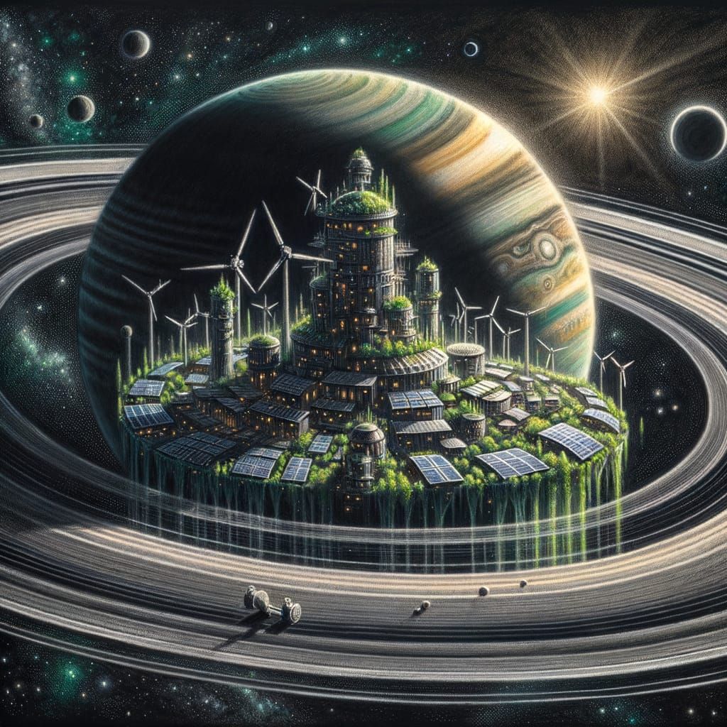 Solarpunk Village on Saturn's Rings in Charcoal Drawing