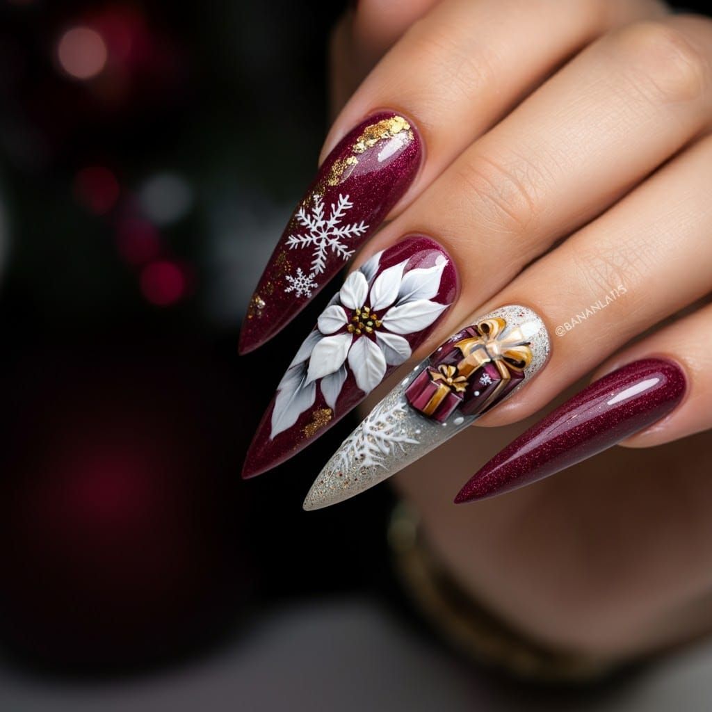 Christmas Poinsettia Nail Art in Opulent Style